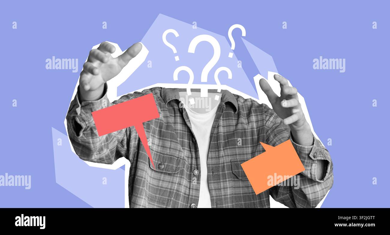 Unrecognizable Person Expressing Confusion With Question Marks Above Head, Studio Setting Stock Photo