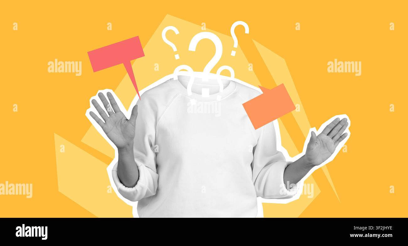 Unrecognizable Person Gesturing With Question Marks And Speech Bubbles, Inquiry Concept Stock Photo