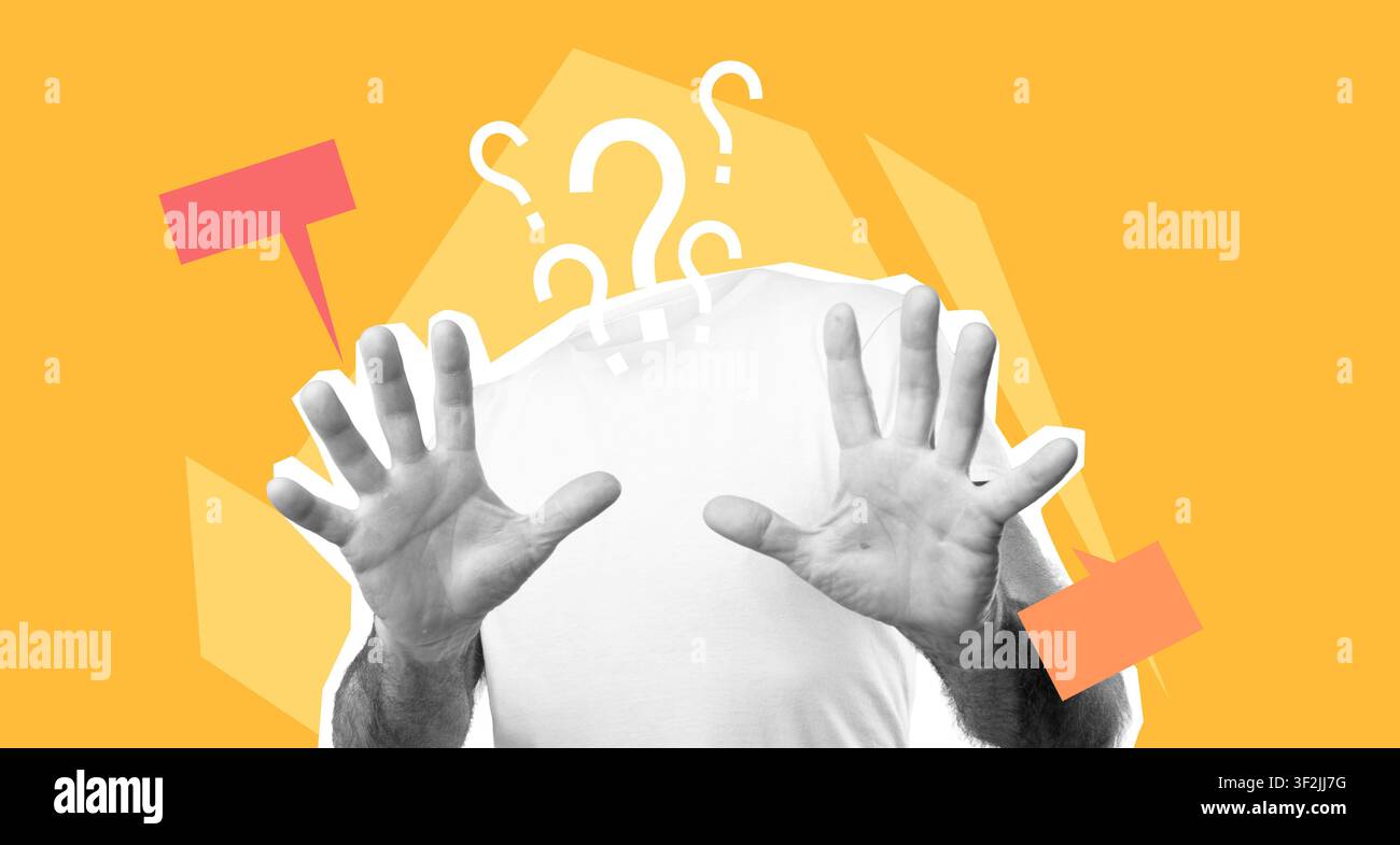 Unrecognizable Hands Raised With Question Marks On Orange Background, Confusion Concept Stock Photo