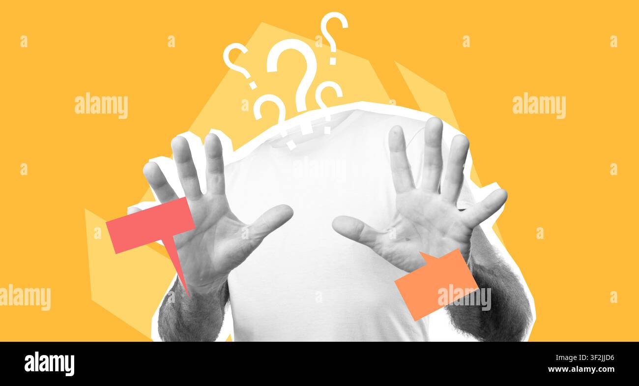 Unrecognizable Hands Gesturing With Empty Space, Yellow Background, Conceptual Image Stock Photo