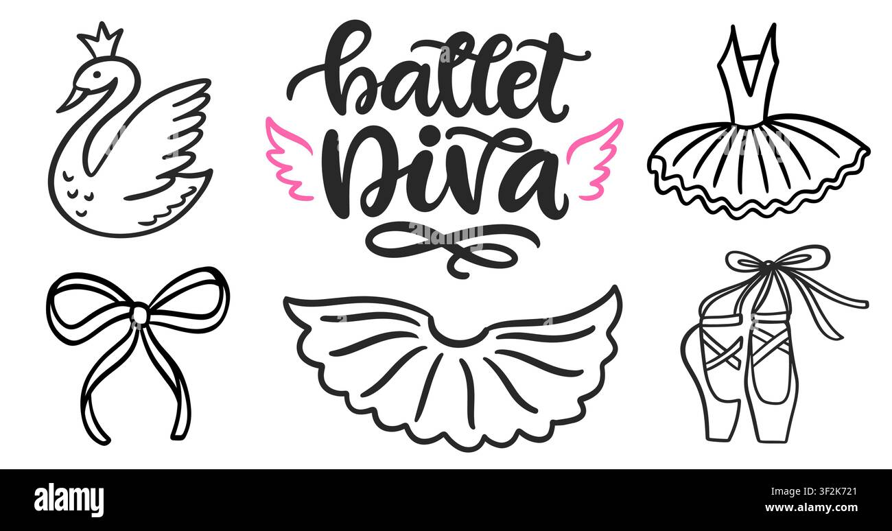 Ballet vector with ballerina element lettering set Stock Vector