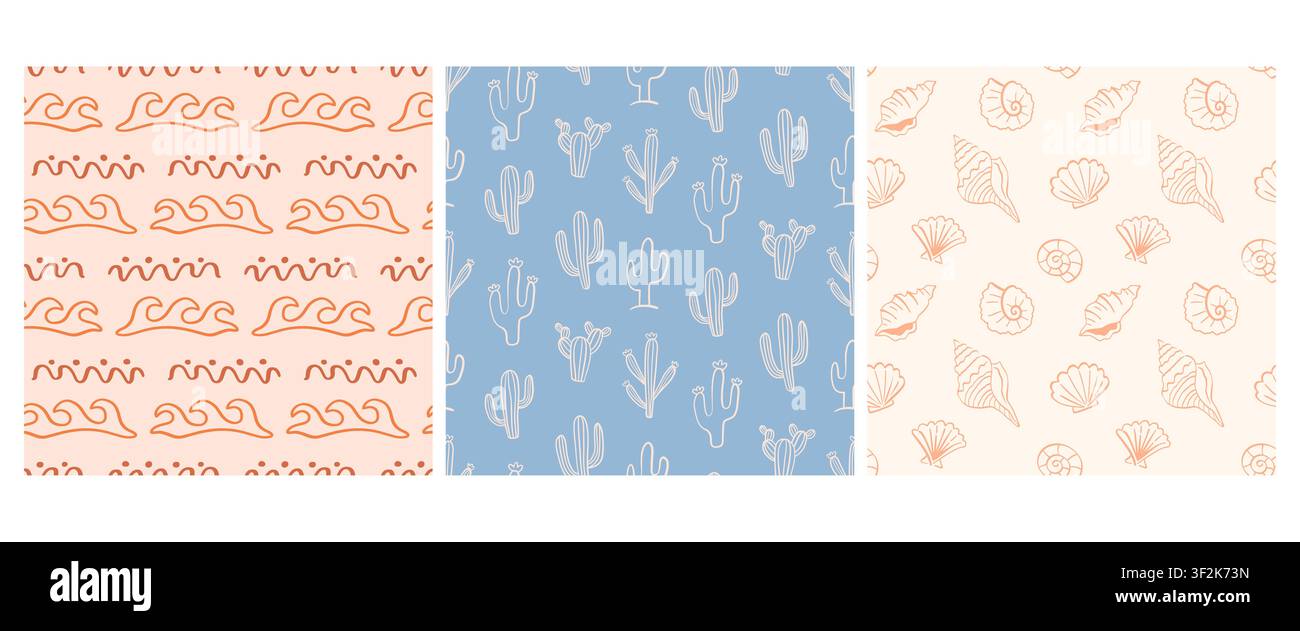 Boho coastal waves and shells seamless pattern set Stock Vector