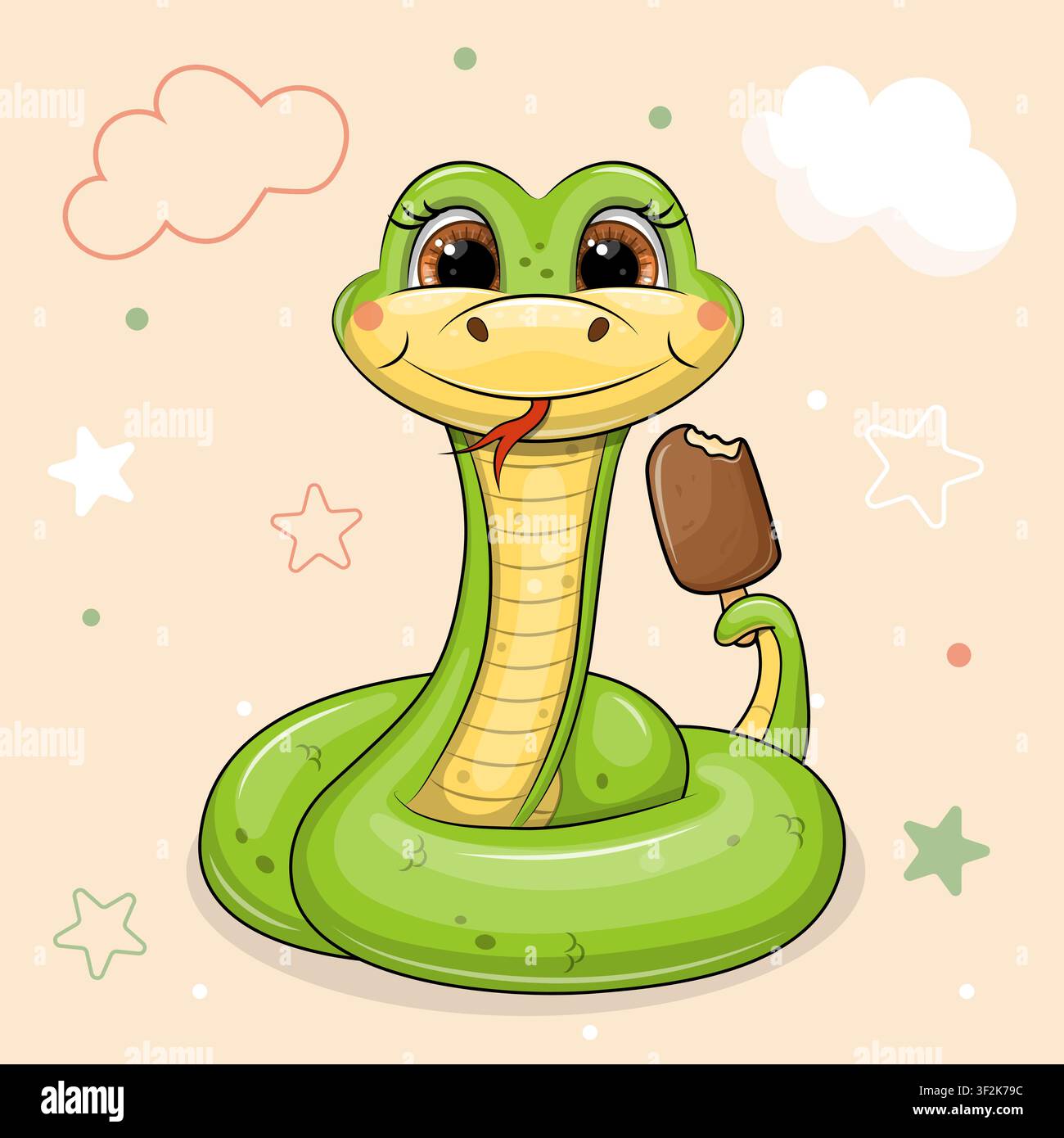 Adorable Cute Cartoon Snake with an Ice cream Bar. Vector illustration of the animal on orange background with stars and clouds. Stock Vector