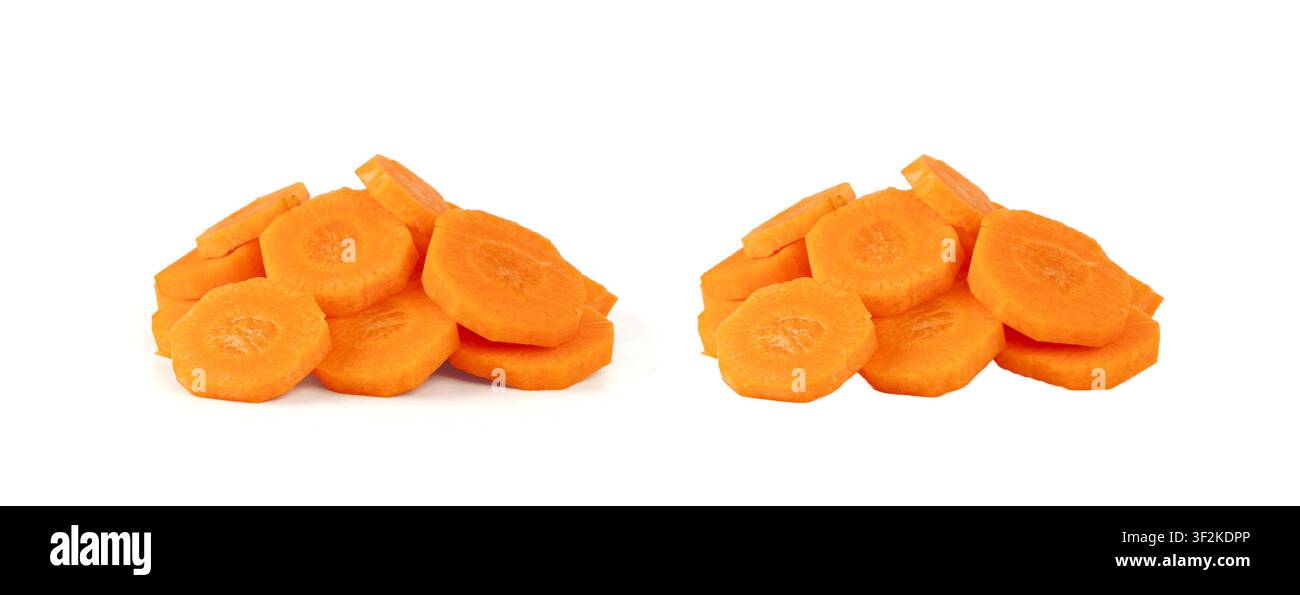 Round carrot slices isolated. Sweet orange vegetable cuts, fresh carrot circles pile on white background Stock Photo