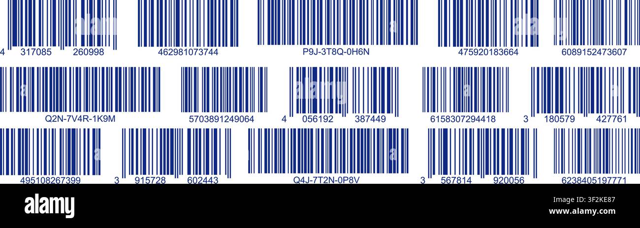 Blue bar code labels set with numbers. Collection of multiple horizontal barcodes for product identification, scanning and inventory tracking Stock Vector