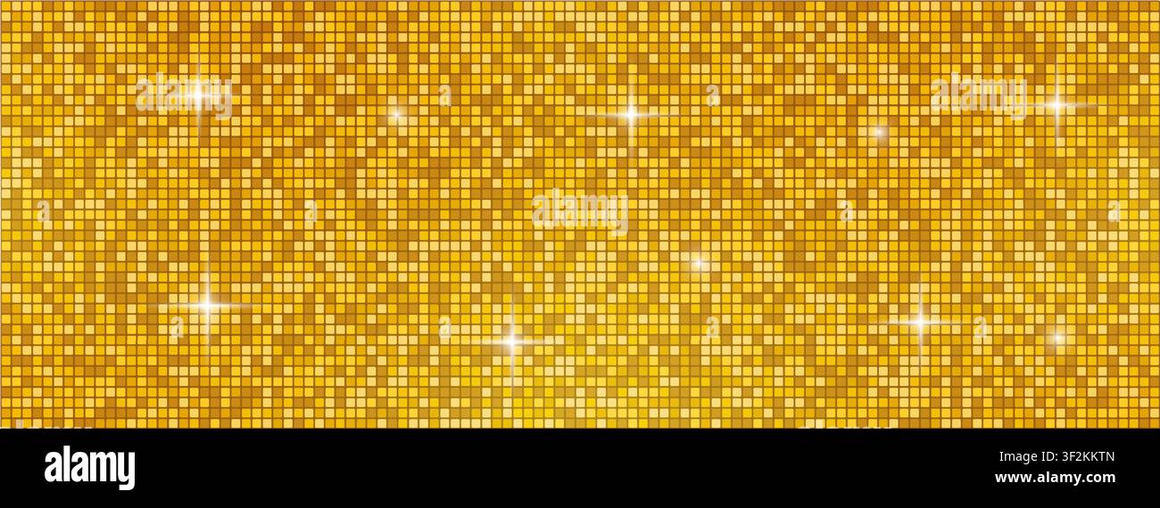 Gold sequin panel background. Shiny mosaic glitter bg. Yellow tile seamless pattern Stock Vector