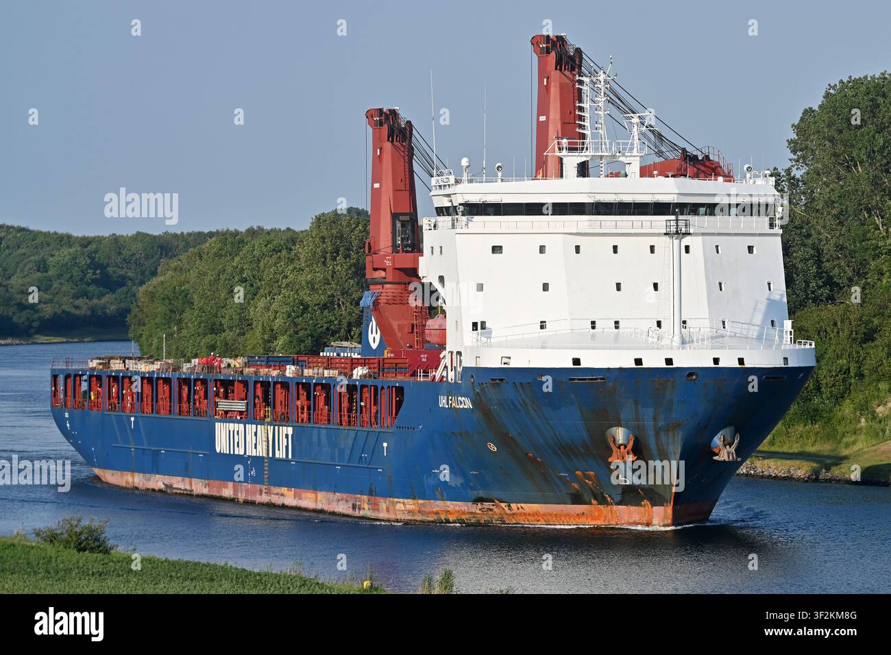 Heavy lift ship UHL FALCON passing the Kiel canal Stock Photo