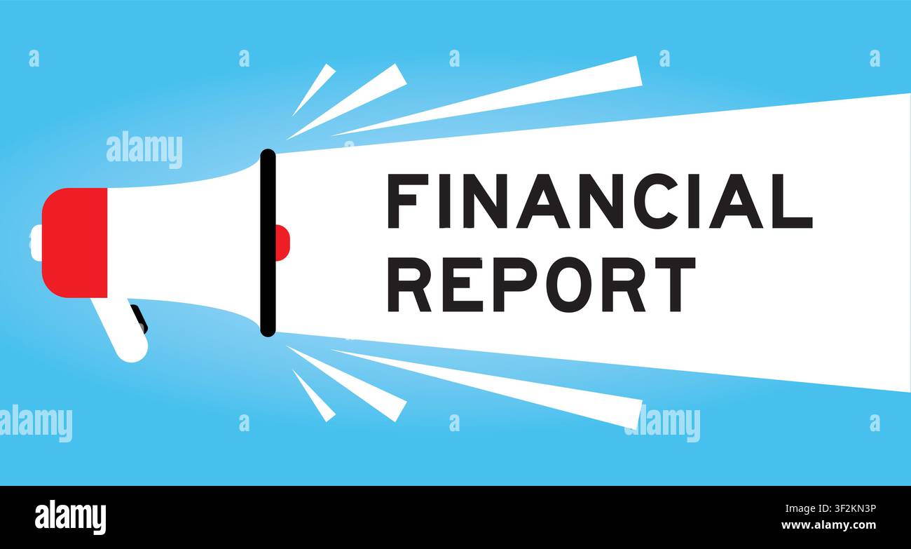 Color megaphone icon with word financial report in white banner on blue background Stock Vector