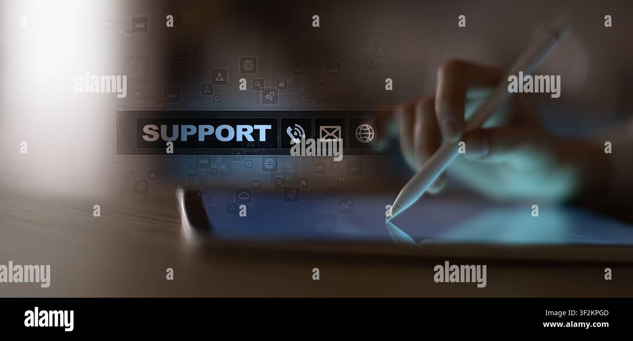 Support service management for customer assistance and technical help desk with touch device interaction Stock Photo