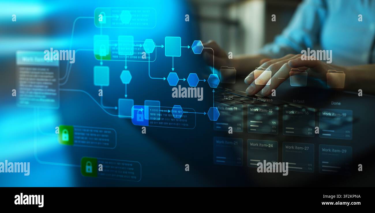 RPA robotic process automation system for enterprise workflow management with security locks and interactive digital interface Stock Photo