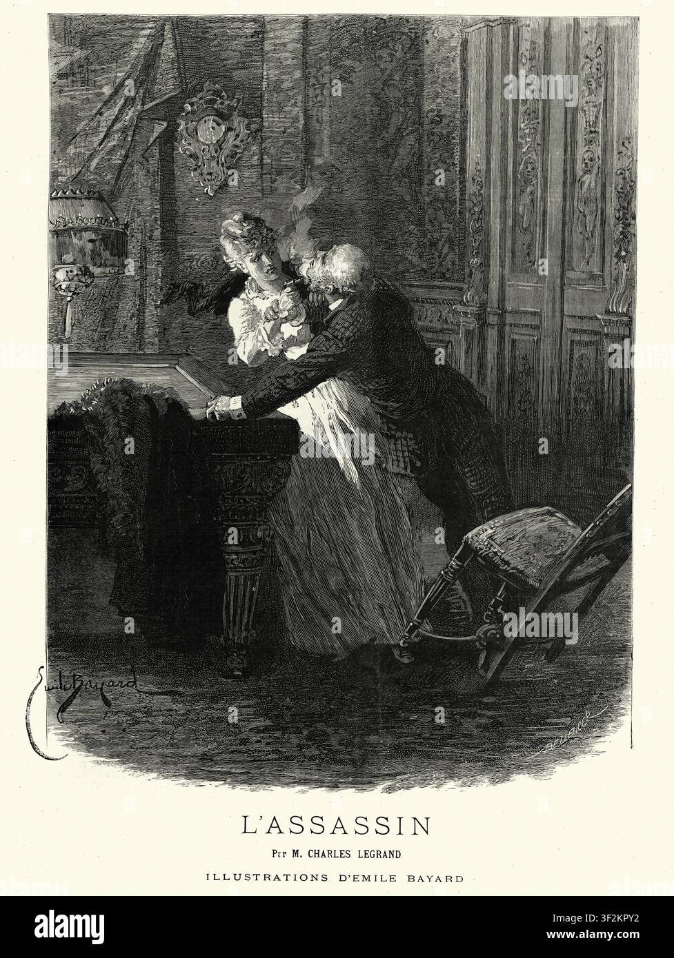 Murder mystery, Femme fatale, Death in the billiard room, French, Victorian,  19th Century vintage illustration 1880s Stock Photo