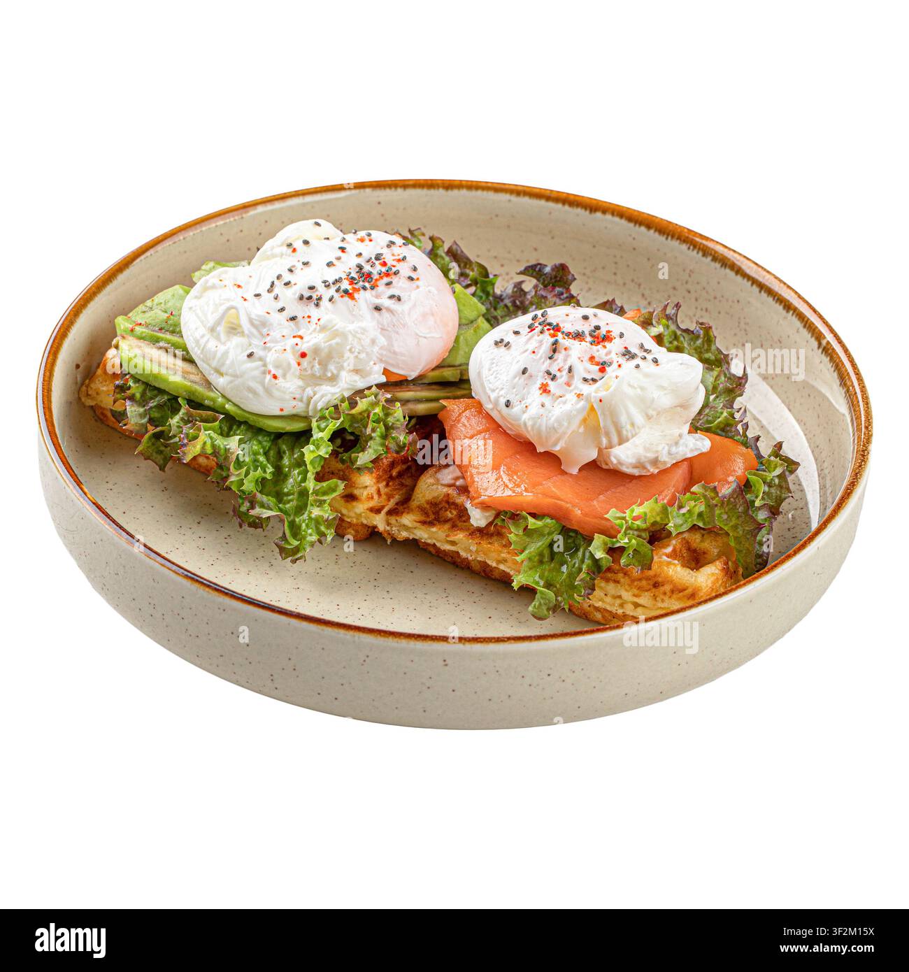 Waffles with salmon and poached eggs isolated Stock Photo
