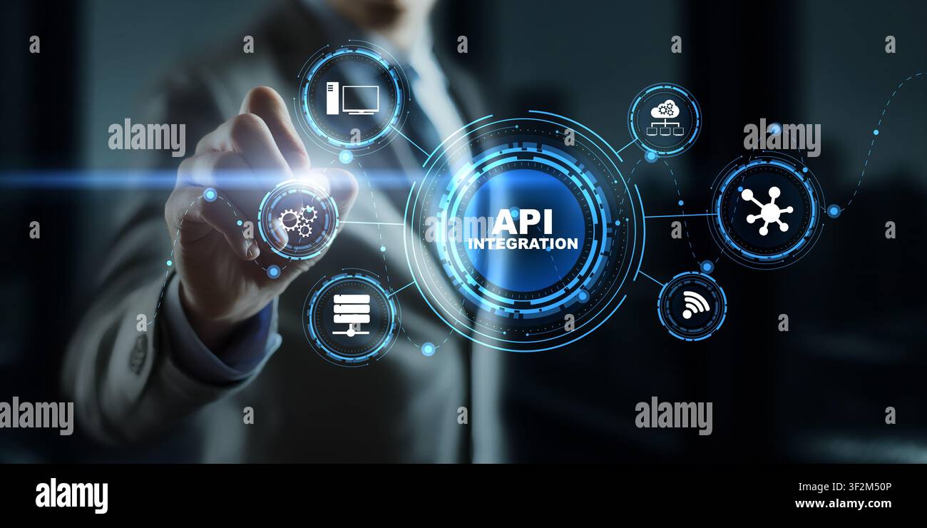 API integration platform for software development enabling seamless system connectivity with interactive elements Stock Photo
