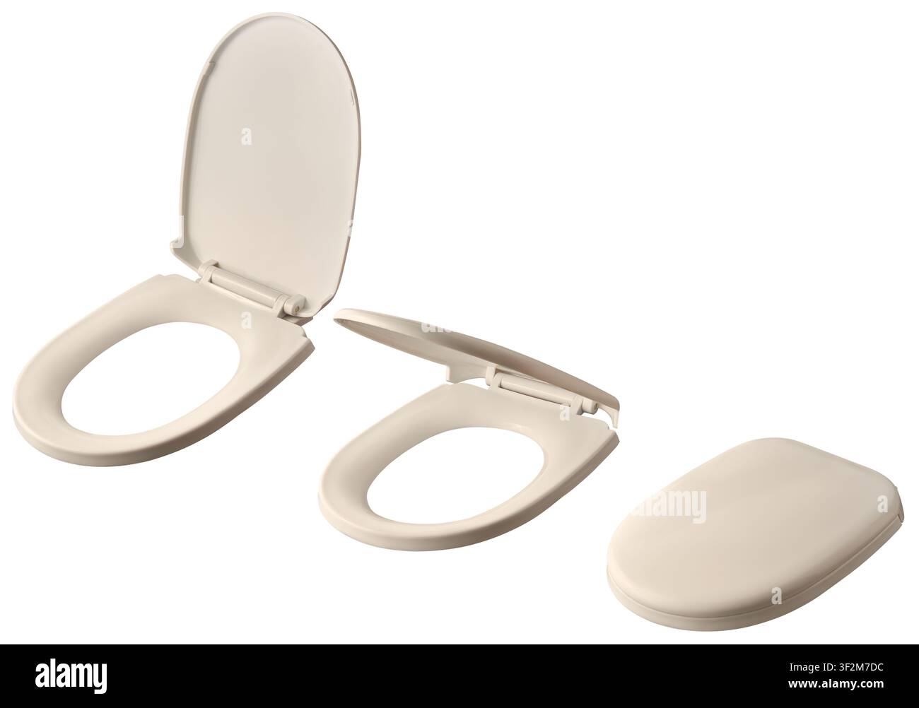 white toilet seats in different positions isolated white background, open and closed plastic bathroom fixtures, mock-up template angle view Stock Photo