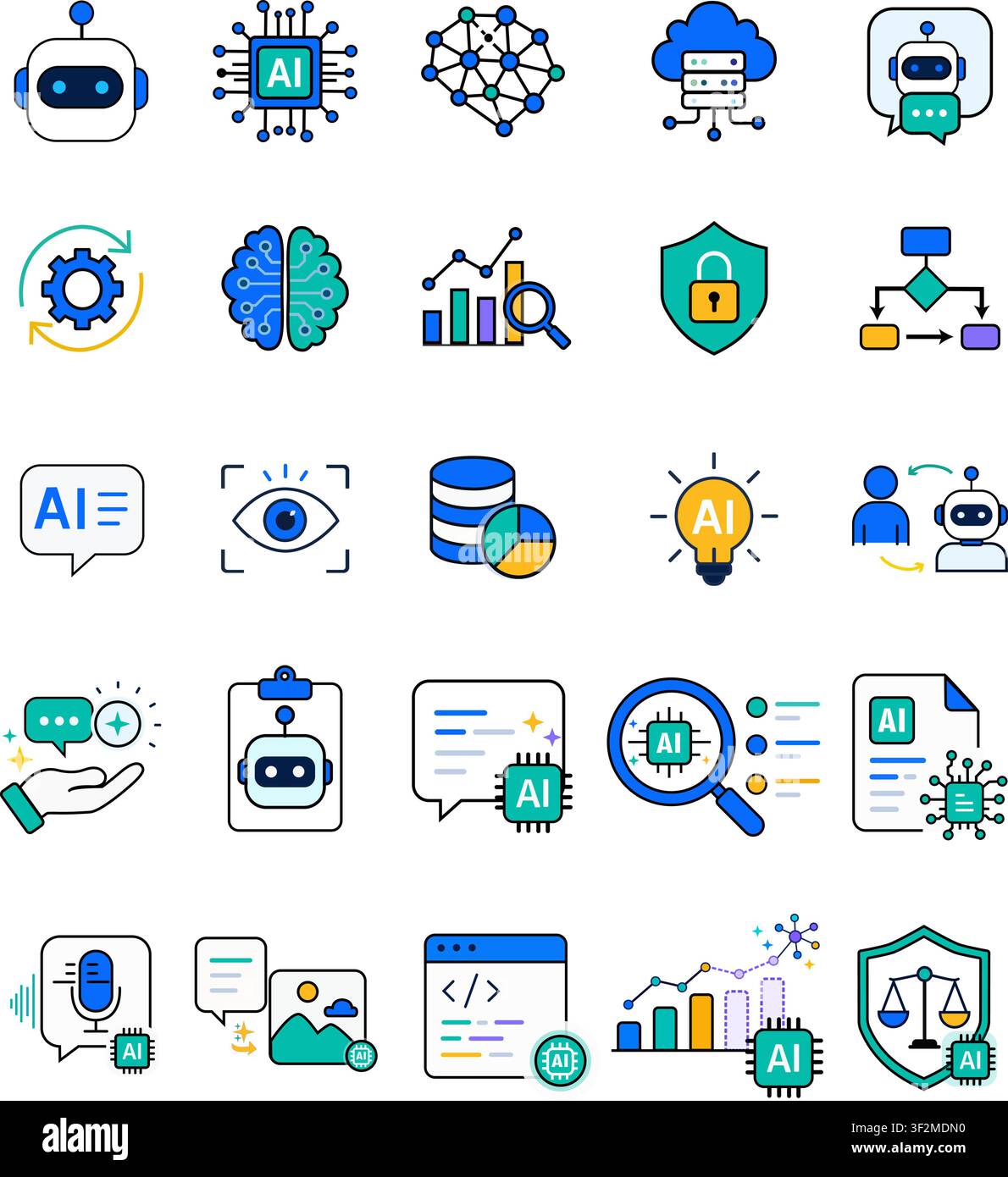 Collection of modern artificial intelligence and machine learning icons for chatbot, automation, data analysis, cloud computing, cybersecurity, coding Stock Vector