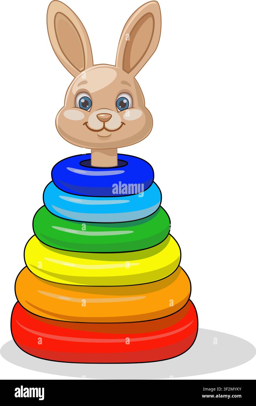 Rainbow stacking ring toy with bunny topper isolated on white background. Stock Vector
