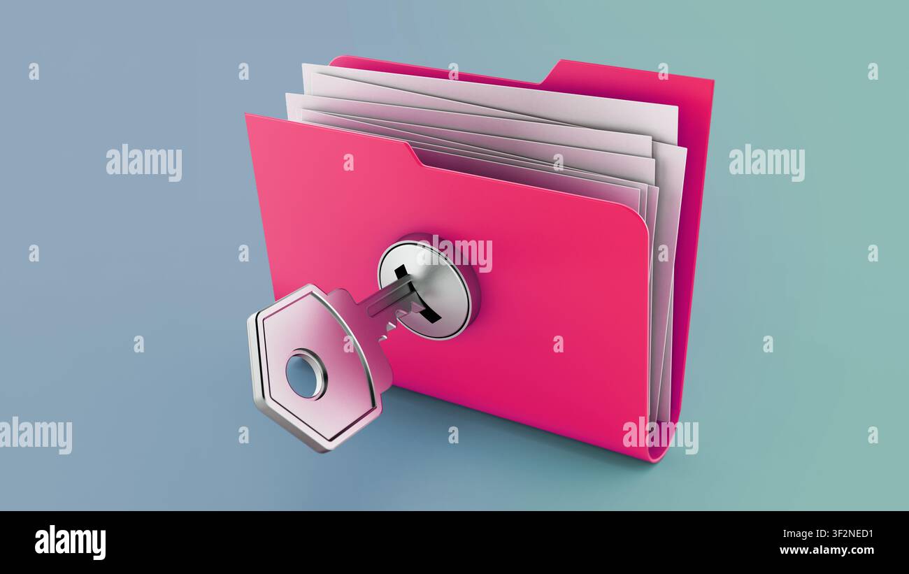 Key on locked yellow folder. 3D illustration. Stock Photo