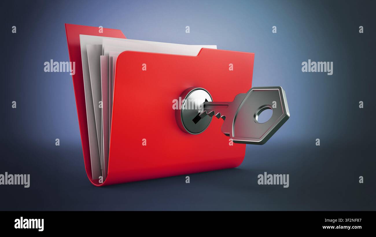 Key on locked yellow folder. 3D illustration. Stock Photo