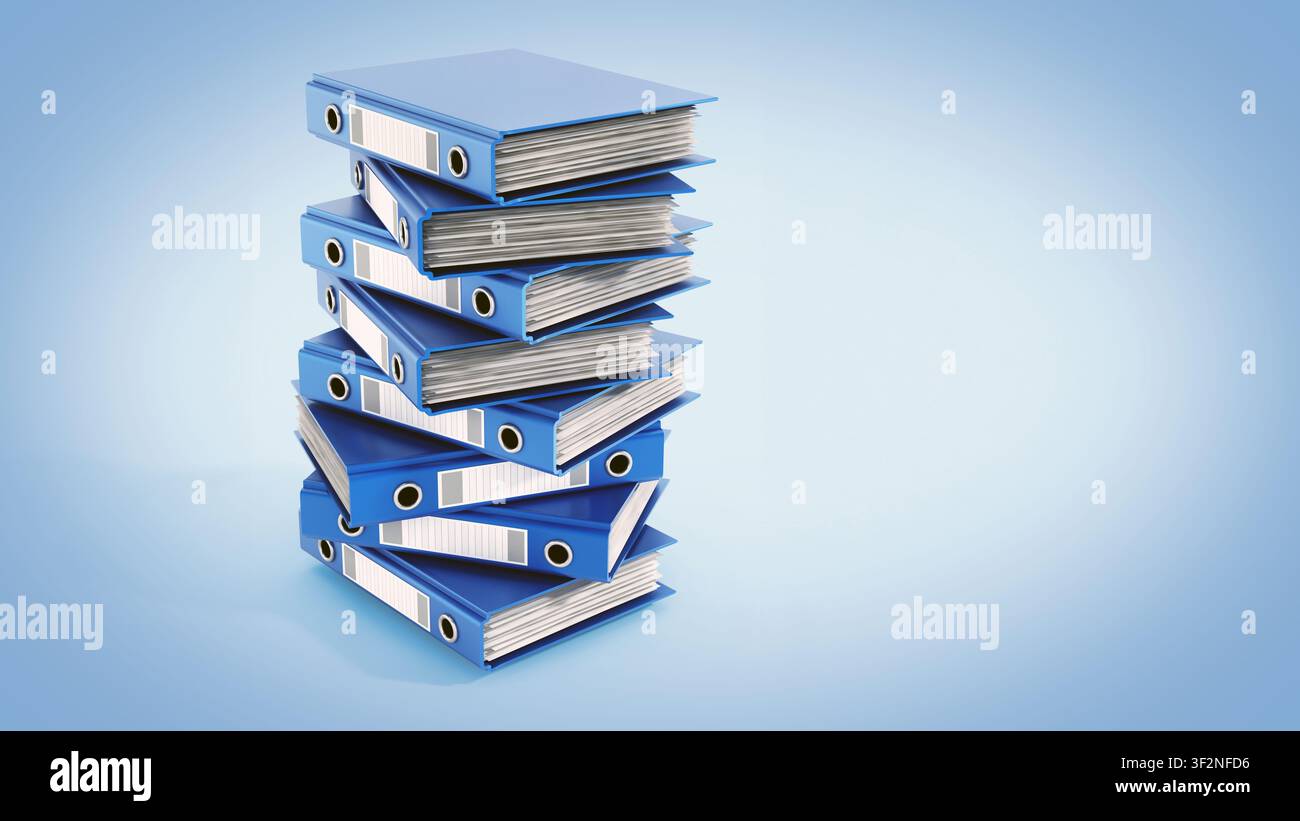 Multi colored folders stack isolated on blue background. 3D illustration. Stock Photo