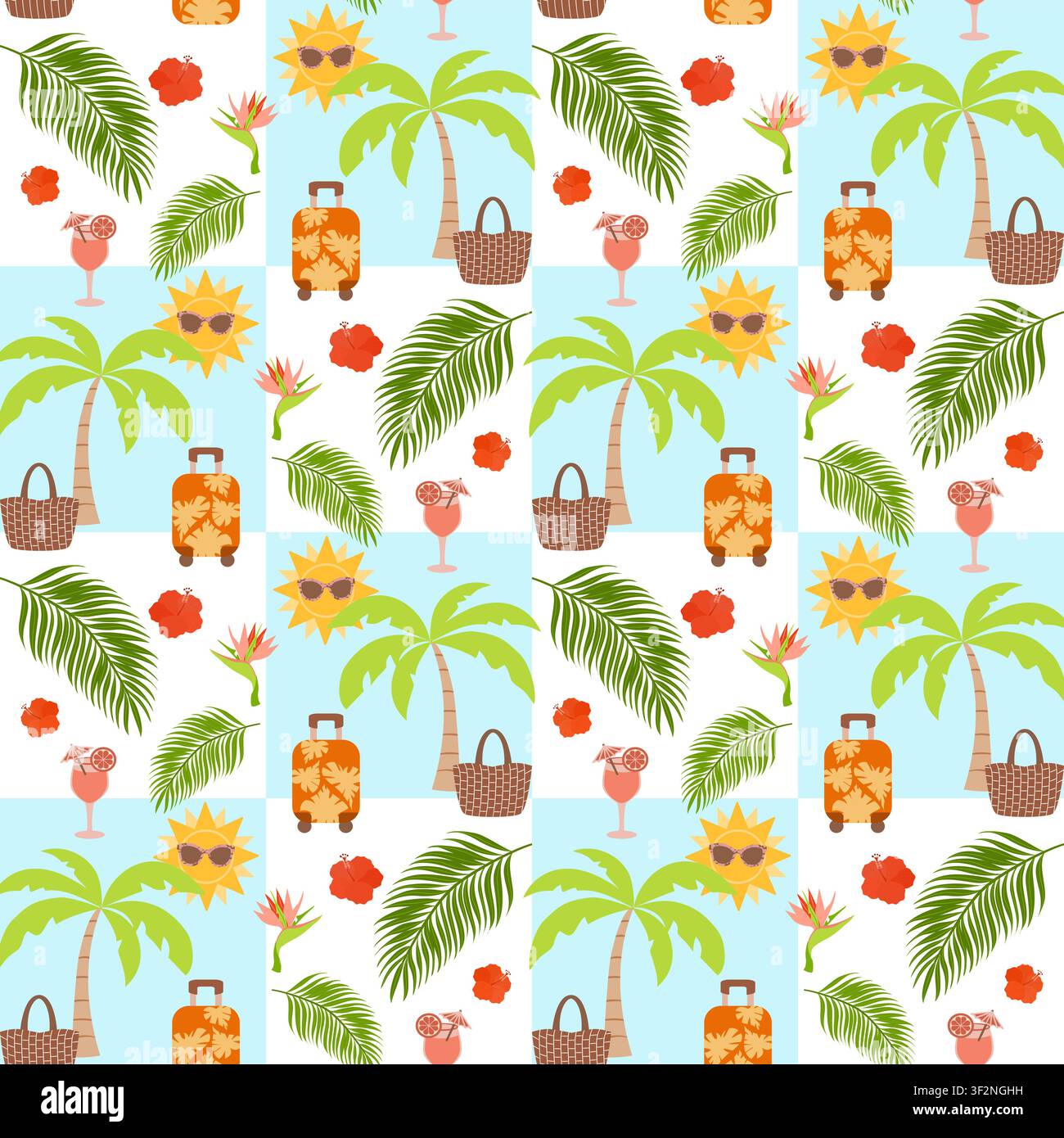 Seamless vector summer pattern with palm trees, tropical leaves, cocktail, suitcase and sun. Bright vacation design for textile, packaging and print. Stock Vector