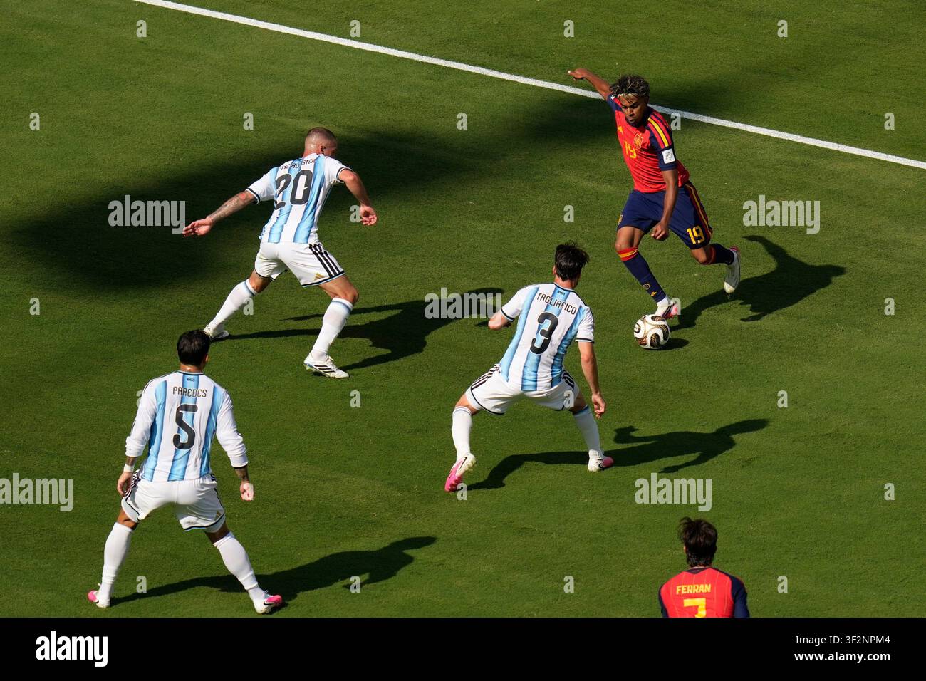 Spain's Lamine Yamal (19) makes an attempt to score during the World