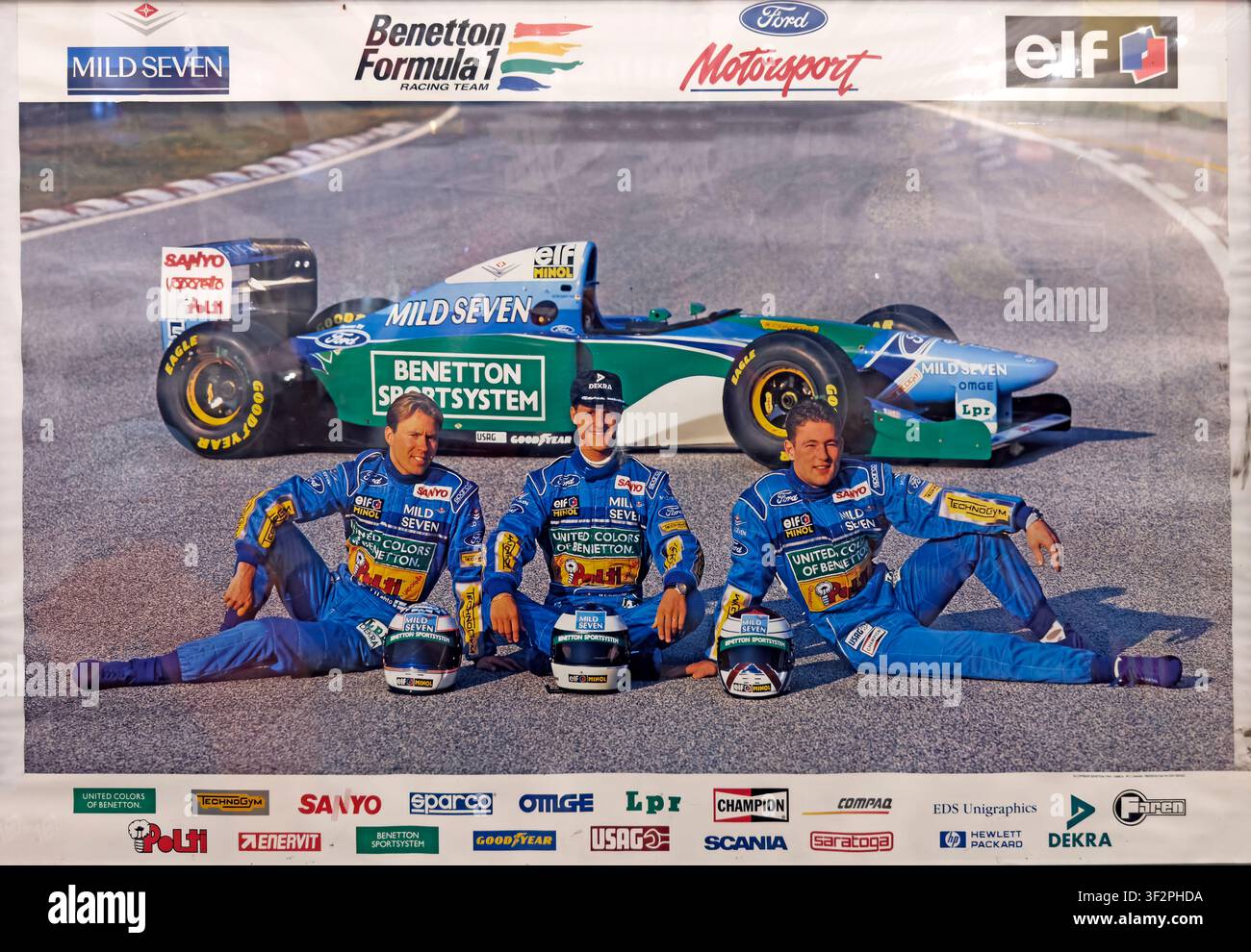 1994 Mild Seven Benetton Ford drivers JJ Lehto, Michael Schumacher and Jos Verstappen, father of future F1 champion Max Verstappen Stock Photo
