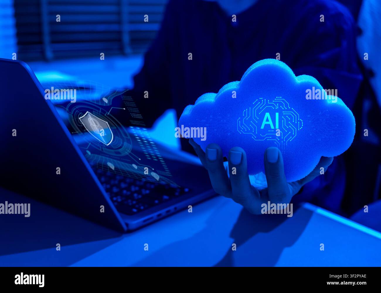 AI cloud security concept featuring secure artificial intelligence infrastructure, cloud computing, AI-powered cybersecurity, data protection, enterpr Stock Photo