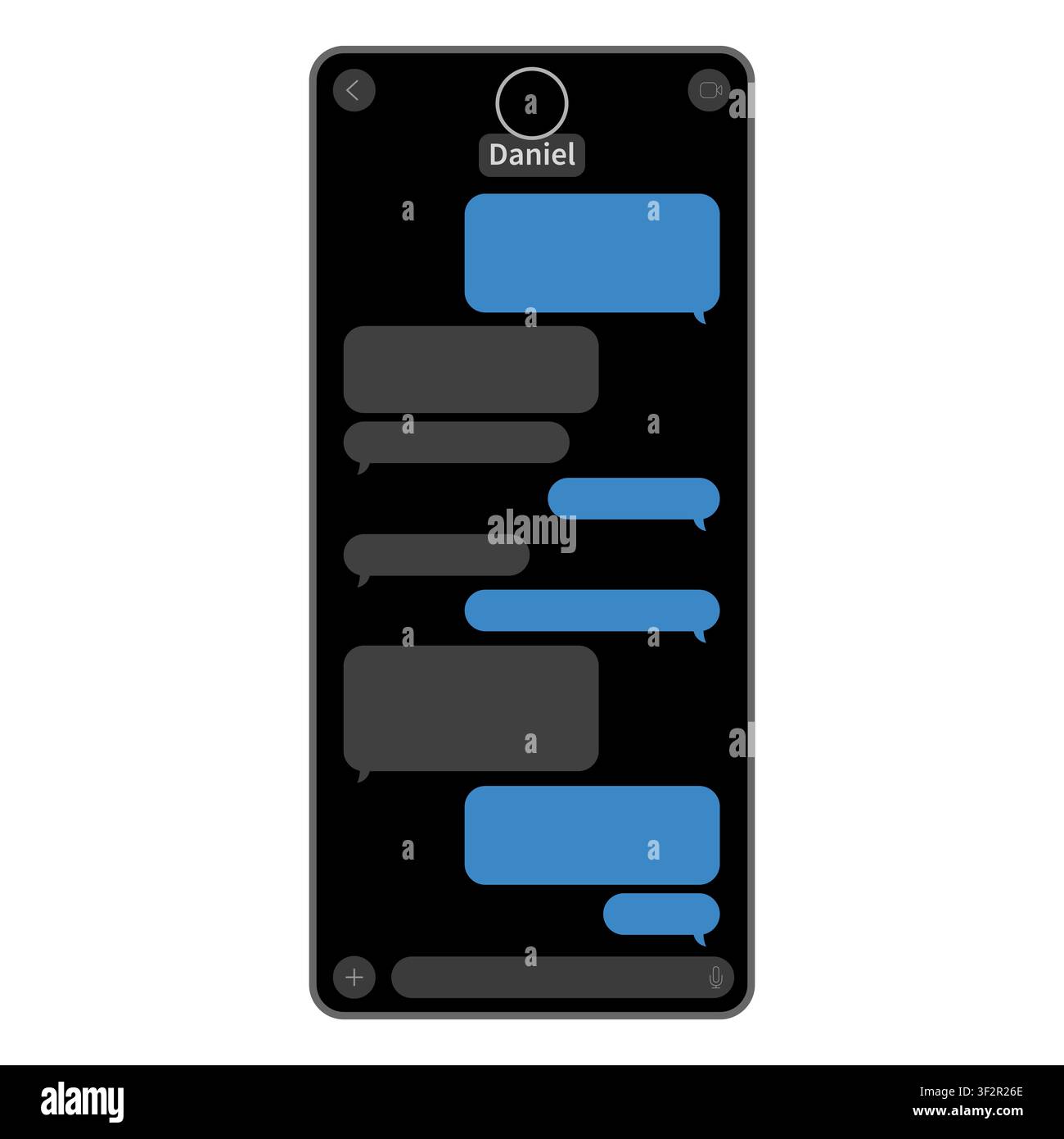Classic smartphone chat window in dark mode. Modern messenger text template. Phone screen isolated on white. Contact conversation screen. Vector illus Stock Vector