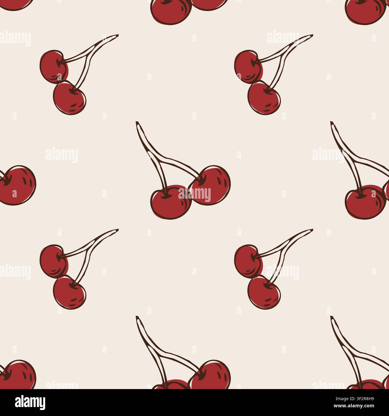 Outline doodle cherry pattern on white background. Cherry berry linear sketch vector illustration. Summer vintage texture with cherry. Stock Vector