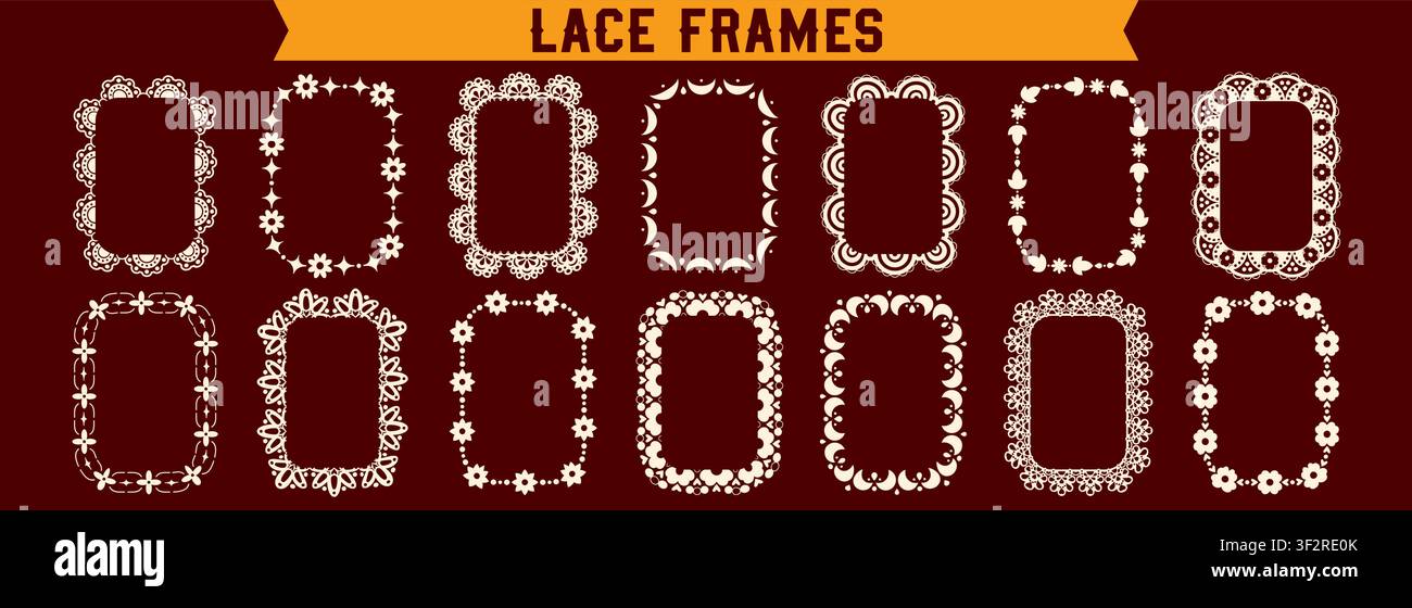 Collection of different seamless lace scalloped rectangle frames. Stock Vector