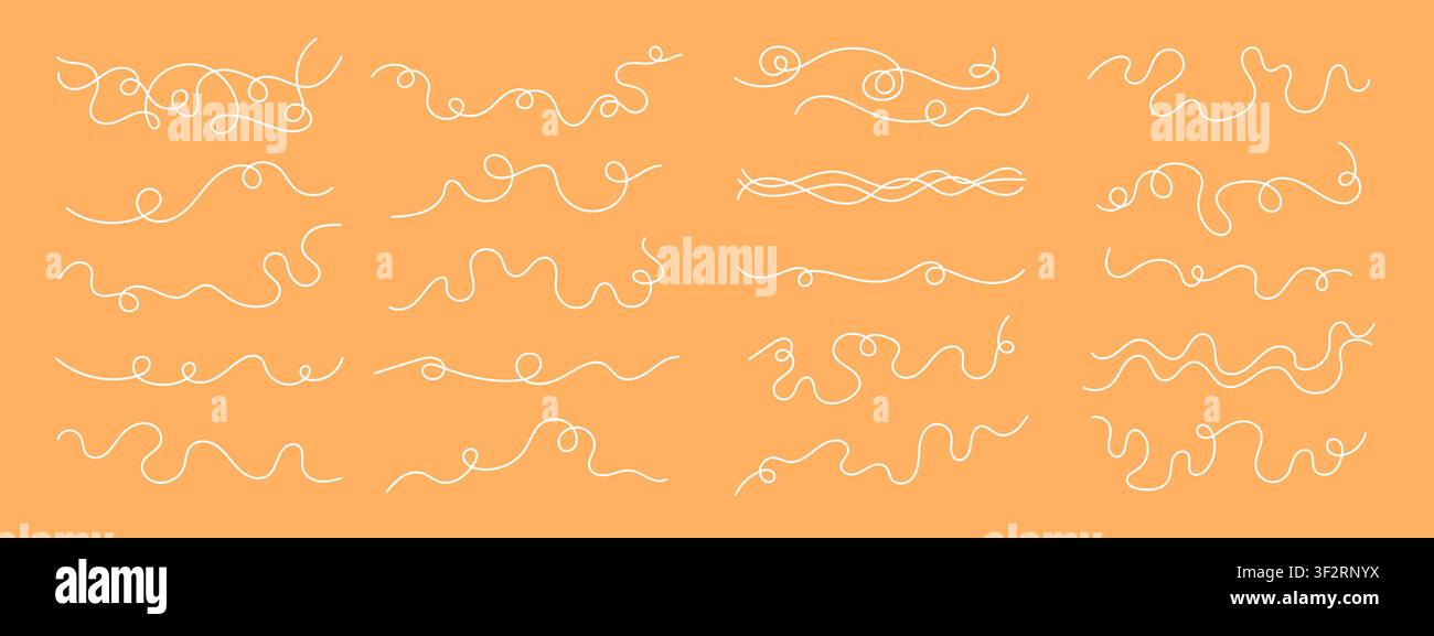 Continuous black squiggle line cable abstract wavy vector illustration set pattern background. Stock Vector