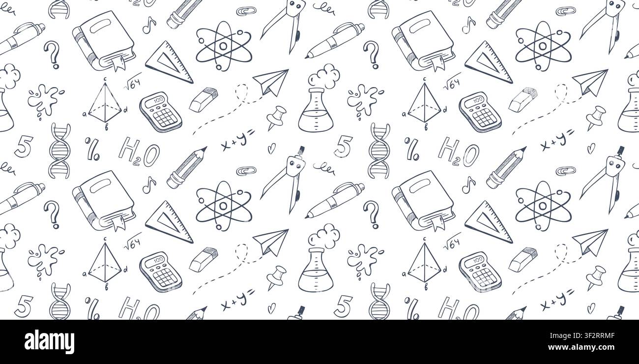School seamless pattern with hand drawn doodle illustrations. Vector background with sketch style education symbols. Stock Vector