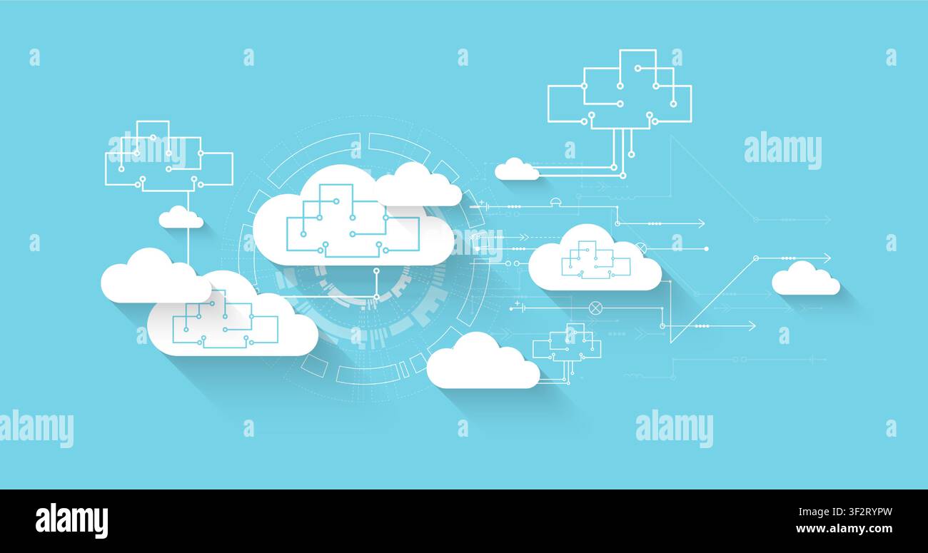 Cloud computing and data storage network concept with abstract circuit diagrams. Vector illustration Stock Vector