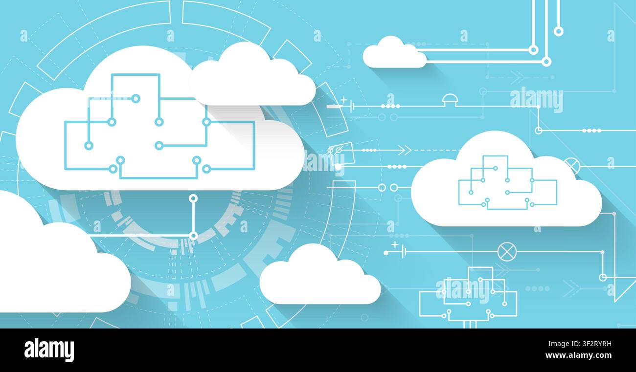 Cloud computing and data storage network concept with abstract circuit diagrams. Vector illustration Stock Vector