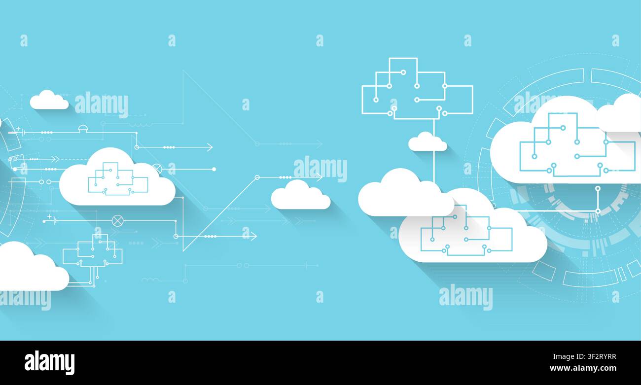 Cloud computing and data storage network concept with abstract circuit diagrams. Vector illustration Stock Vector