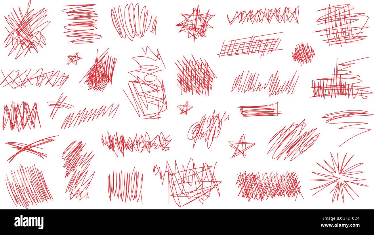 Chaotic pen sketches with tangled scribble lines and doodle circles vector illustration set. Stock Vector