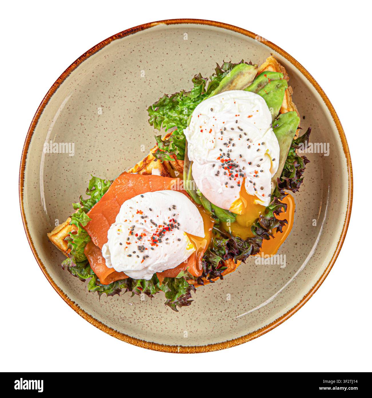 Waffles with salmon and poached eggs isolated Stock Photo