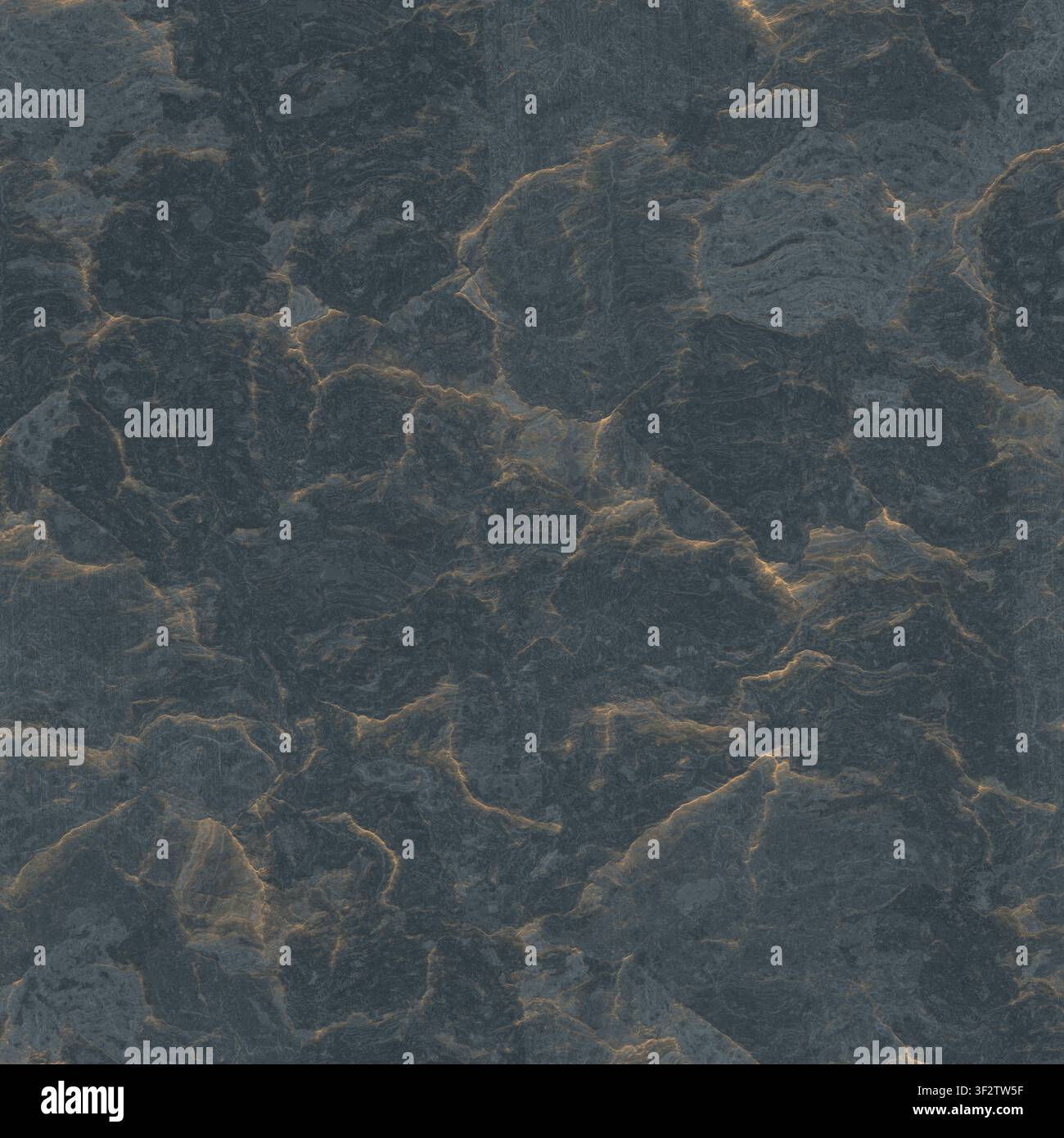 A dark slate or basalt stone texture featuring intricate, glowing golden mineral veins throughout. Stock Photo