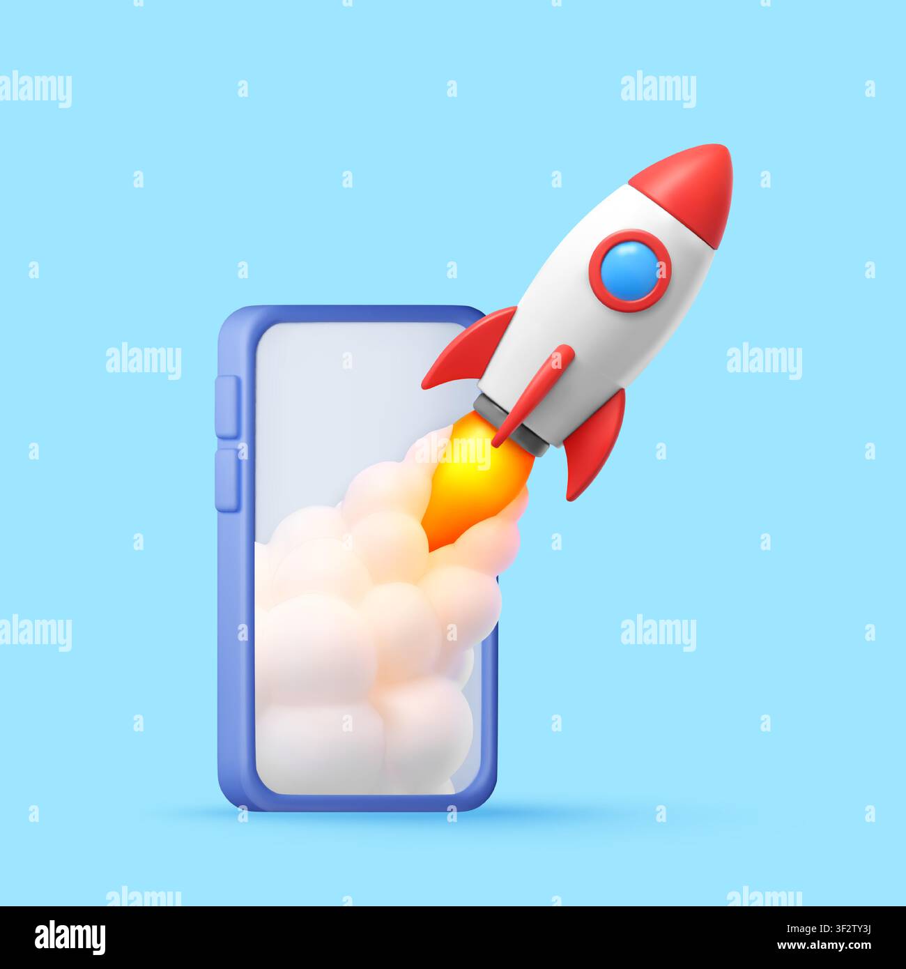 3D Rocket launching from a smartphone screen. Stock Vector