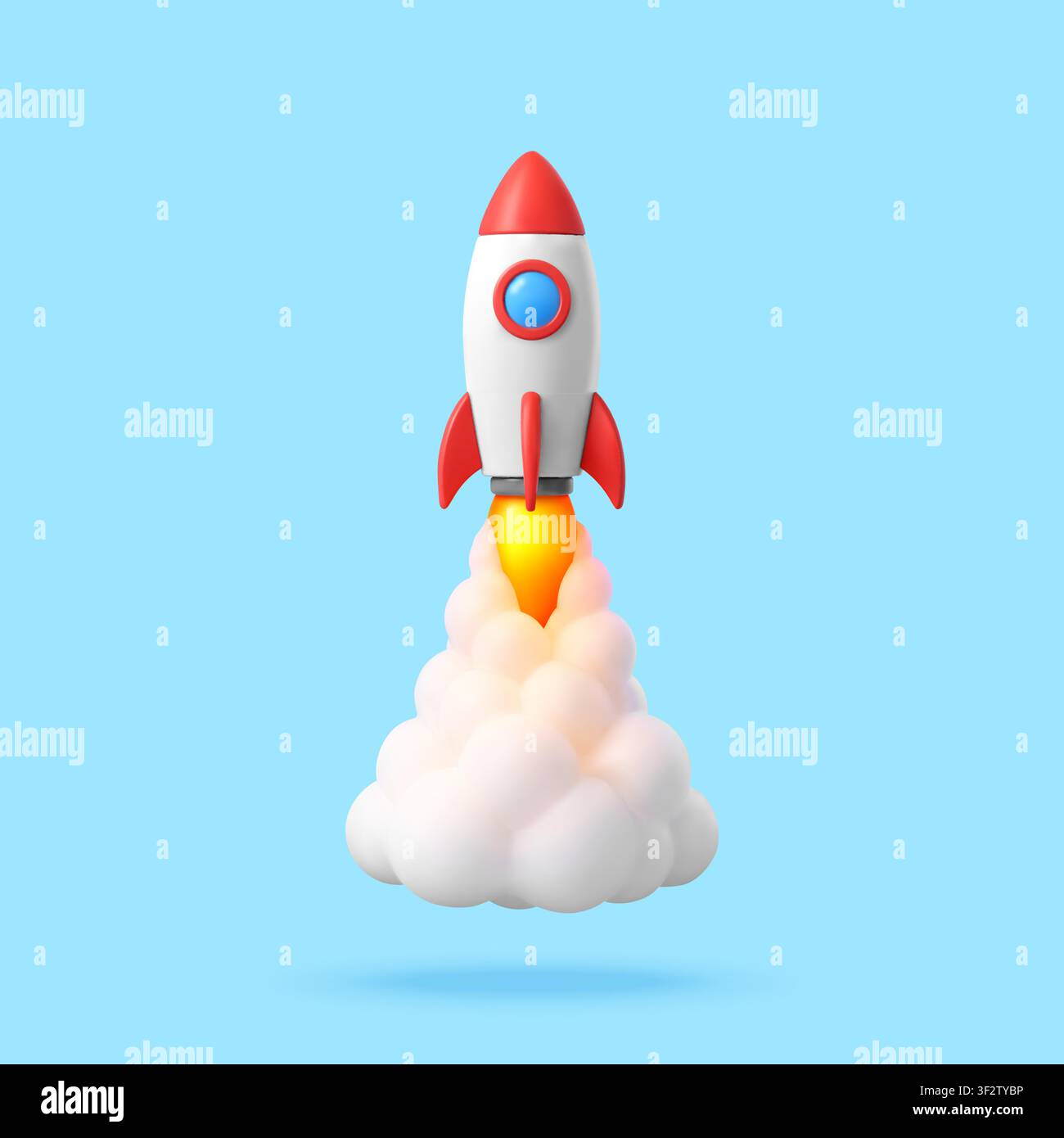 3D Rocket ship launching upward with smoke cloud. Stock Vector