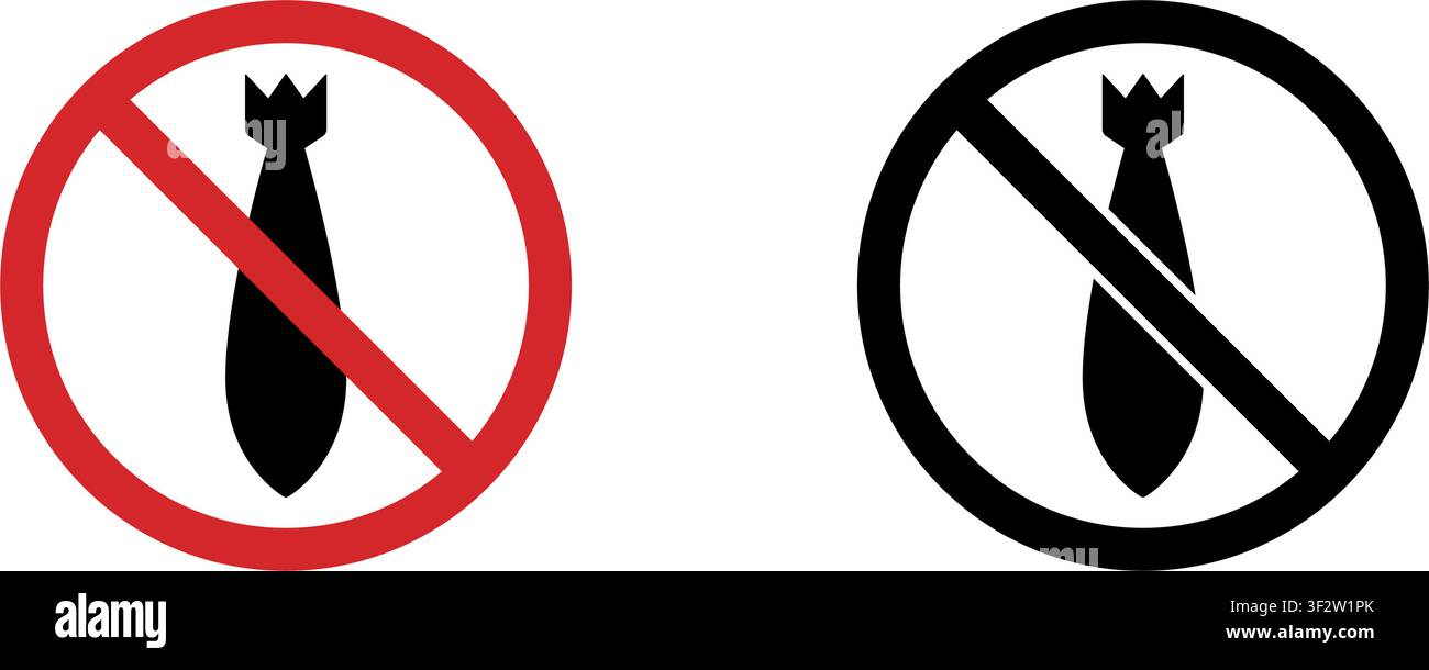 No Bomb Prohibition Sign Icon Set. Forbidden Bomb Warning And Restriction Symbol Collection. Stop And Ban Notice. Isolated Vector Illustration Stock Vector