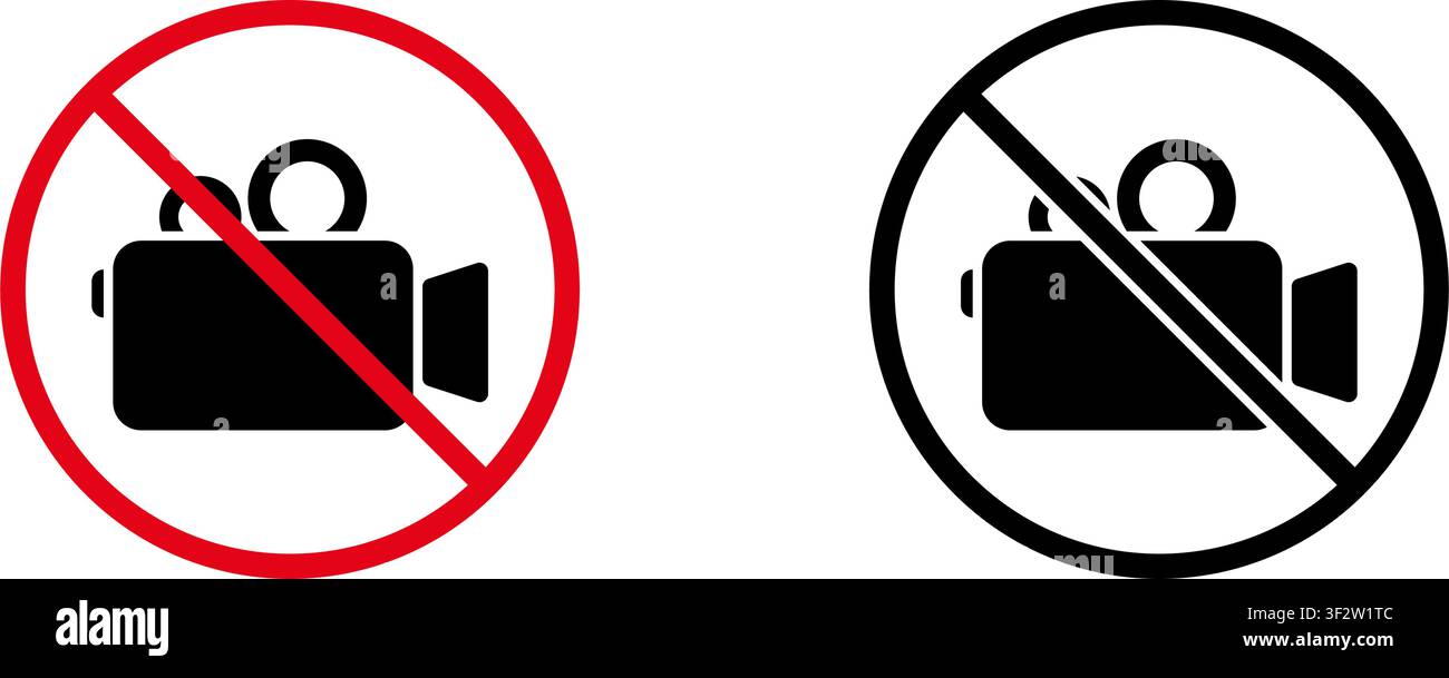 No Video Recording Prohibition Sign Icon Set. Forbidden Video Camera Warning And Restriction Symbol Collection. Stop And Ban Notice. Isolated Vector Stock Vector