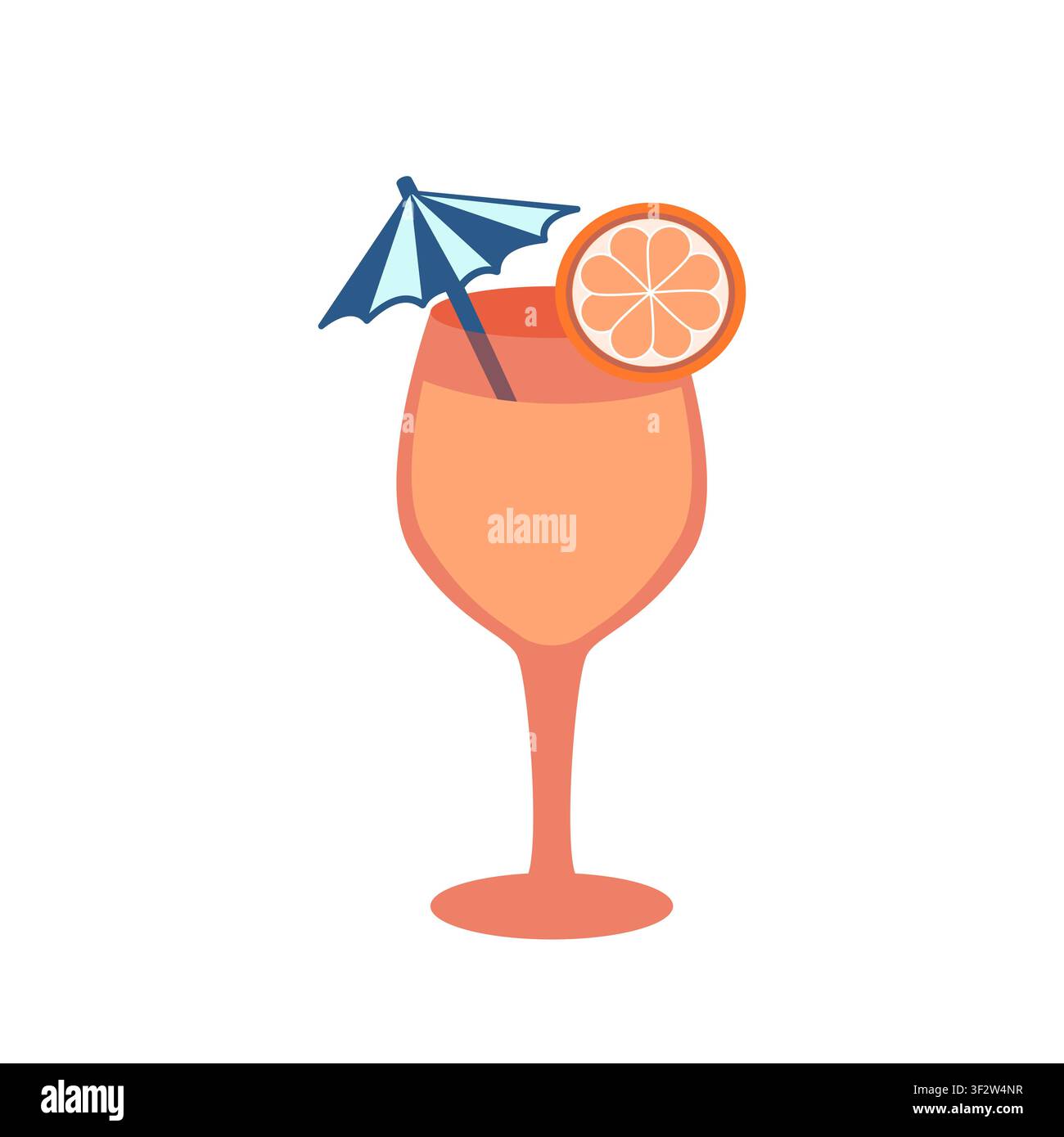 Vector illustration of a tropical summer cocktail. Fresh cold drink in wine glass with beach umbrella and citrus slice for bar menu and logo design. Stock Vector