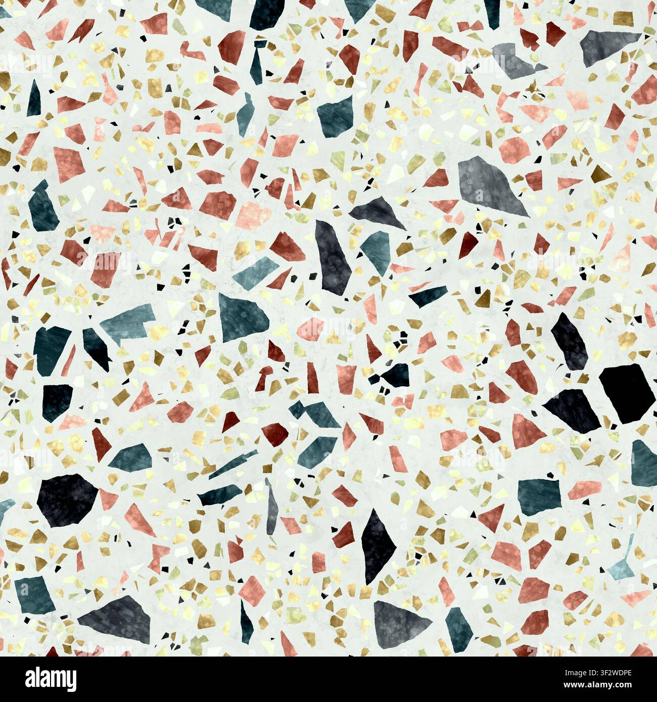 A vibrant, multicolored terrazzo surface featuring a variety of large dark, red, and golden stone fragments on a pale background. Stock Photo