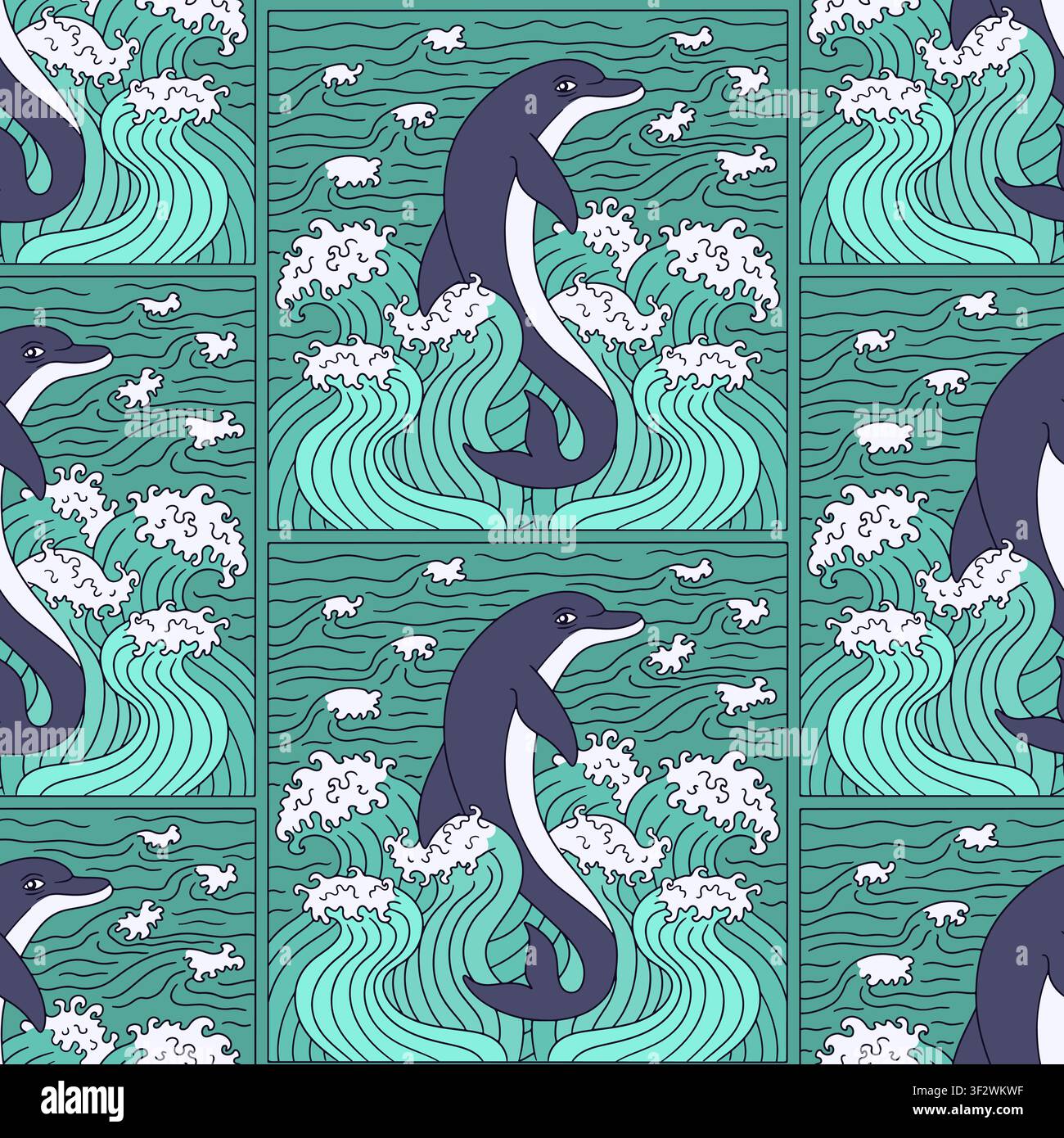 Dolphin jumping from sea waves seamless pattern vector illustration. Hand drawn ocean repeat background Stock Vector