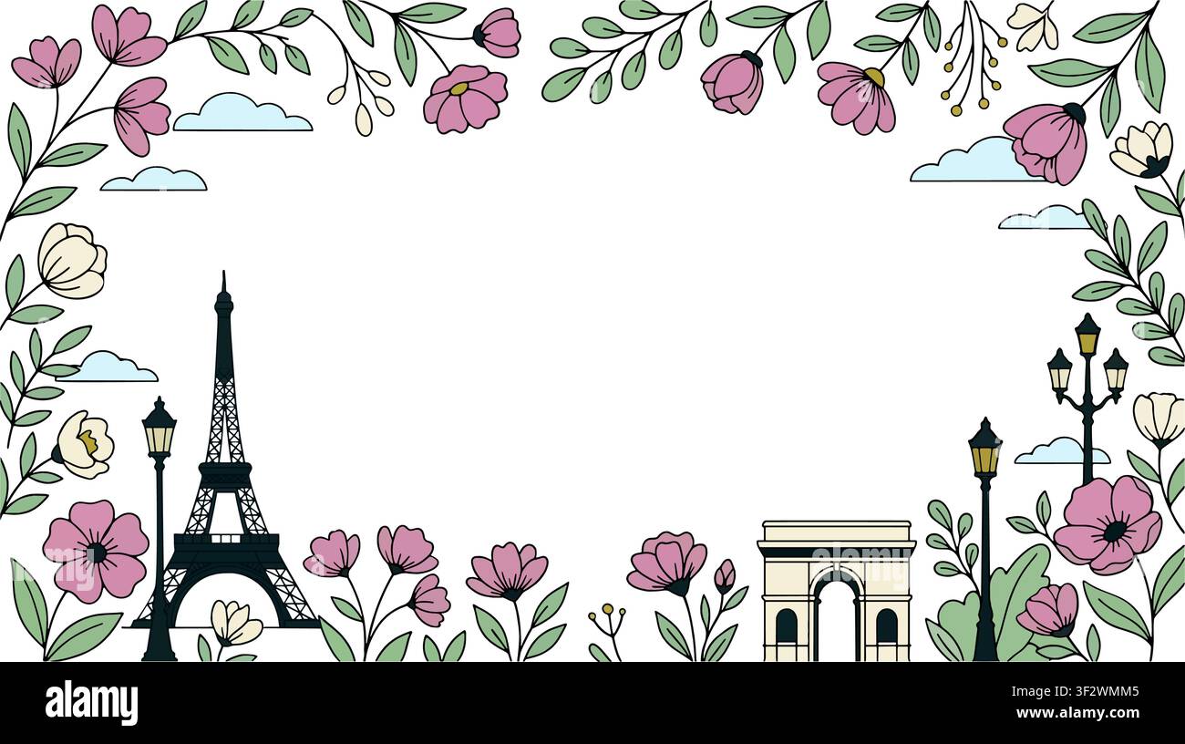 Paris floral frame vector illustration with Eiffel Tower and Arc de Triomphe. Romantic pastel line art style travel background with copy space. Stock Vector