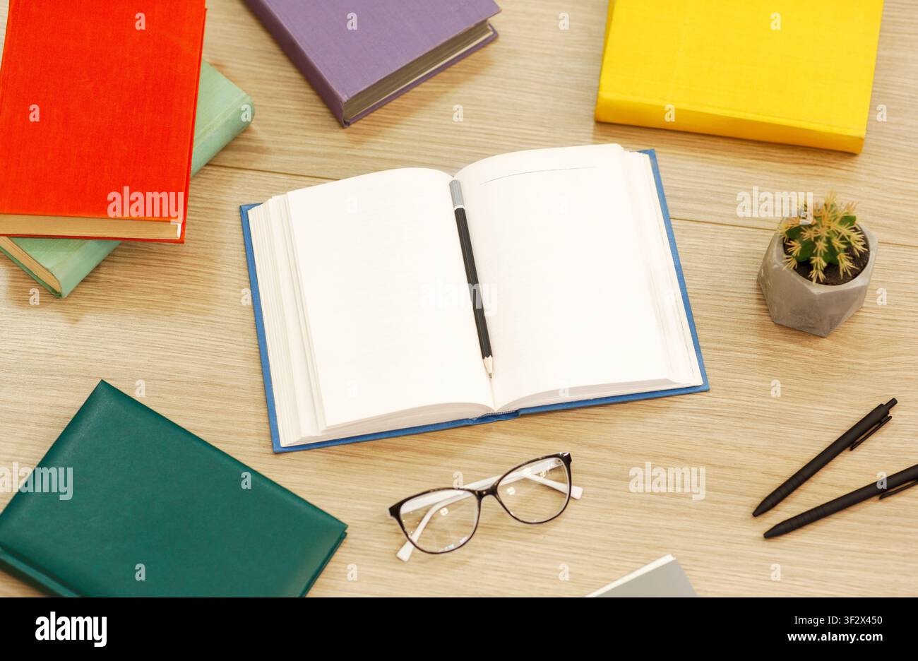 Close up of open book with glasses and cactus Stock Photo