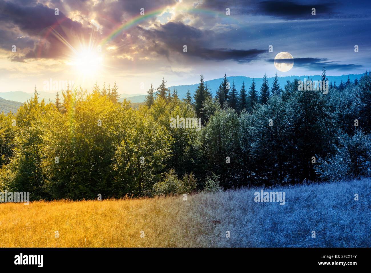 mountain landscape of ukraine. day meet night. sun and moon over alpine grassy meadow and deciduous forest on the hill. equinox nature background for Stock Photo
