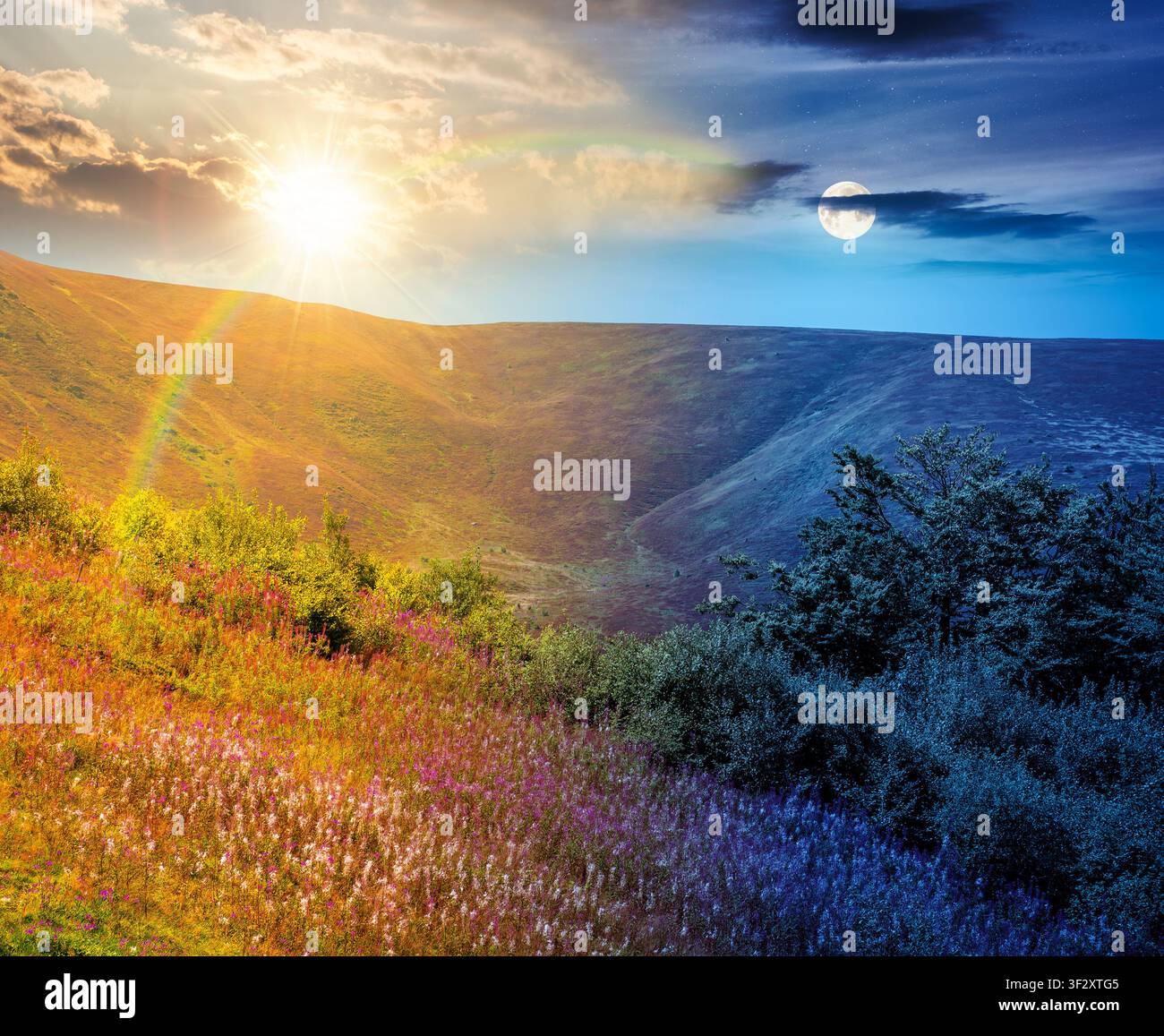 carpathian mountain landscape. travel ukraine on summer solstice. slopes mountain ridge in august at twilight. wonderful carpathian adventure with sun Stock Photo