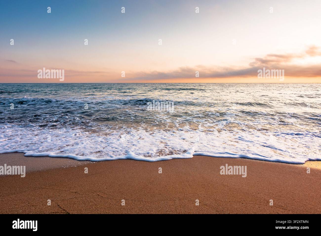 black sea landscape on a summer morning. bulgaria nature landscape with sandy beach. summer vacation at the sea shore concept. calm waves and empty be Stock Photo